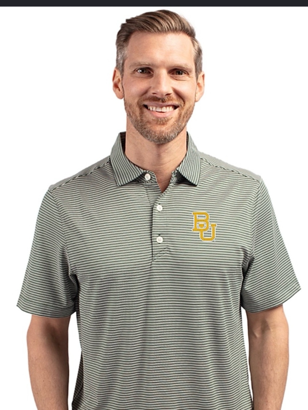 Men’s Green/White striped Baylor Polo in size small